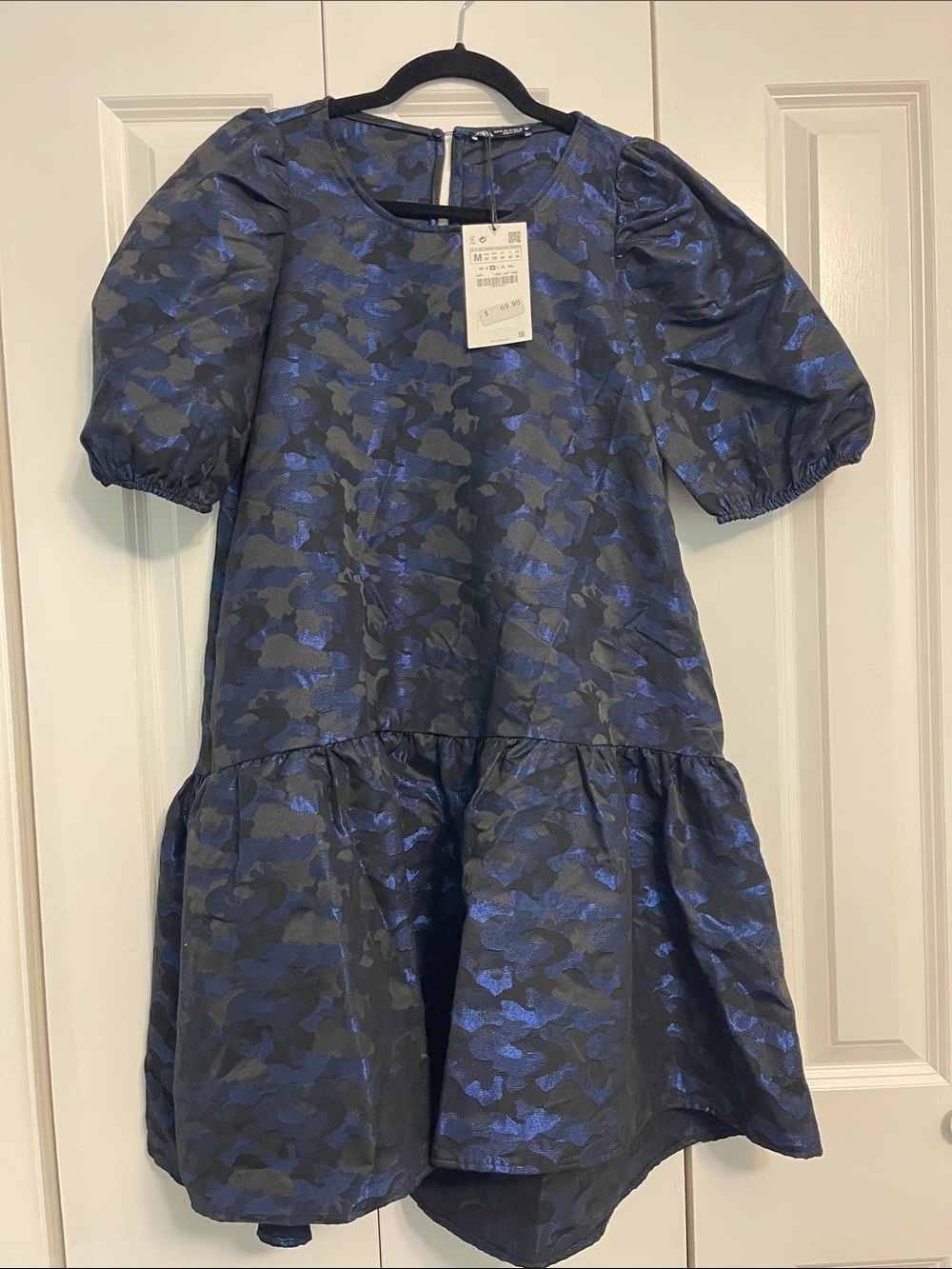 NWT Zara Metallic Navy Blue Puff Sleeve Dress